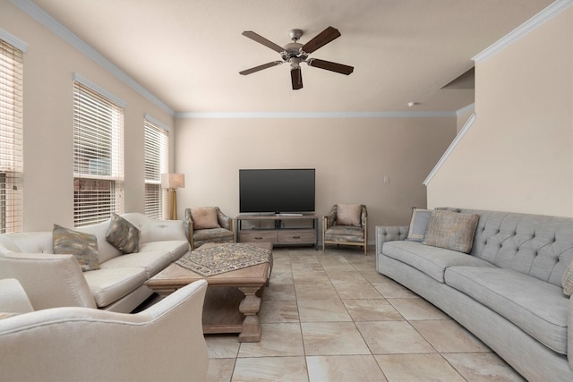 living room featuring ornamental molding, light tile patterned flooring, and a ceiling fan