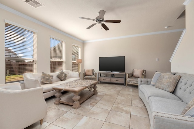 living room featuring ceiling fan, a wealth of natural light, visible vents, and crown molding