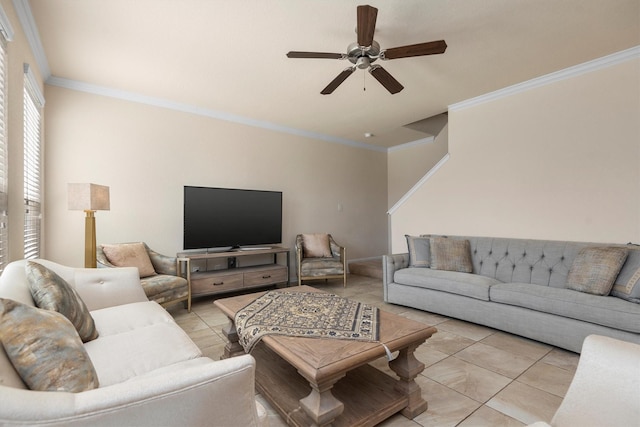 living area with light tile patterned flooring, a ceiling fan, and crown molding