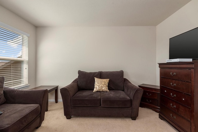 living area with light carpet and baseboards