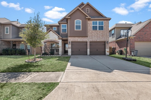 view of front of house featuring a garage, brick siding, driveway, stone siding, and a front lawn