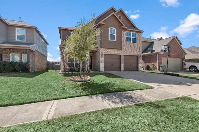 view of front facade featuring a garage, concrete driveway, fence, a front lawn, and brick siding