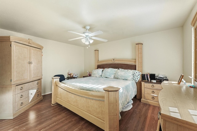 bedroom with dark wood finished floors and ceiling fan