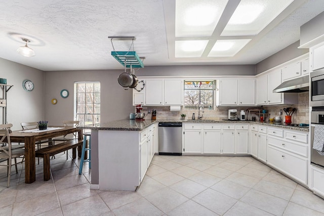 kitchen with under cabinet range hood, a sink, backsplash, appliances with stainless steel finishes, and a peninsula