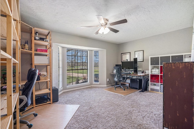 office area featuring baseboards, a ceiling fan, carpet flooring, and a textured ceiling