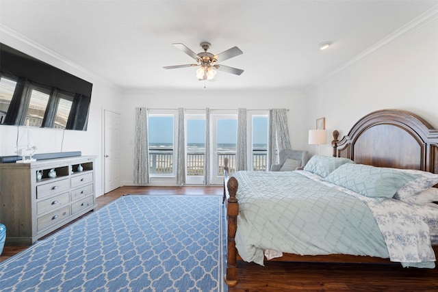 bedroom featuring ceiling fan, access to outside, wood finished floors, and crown molding