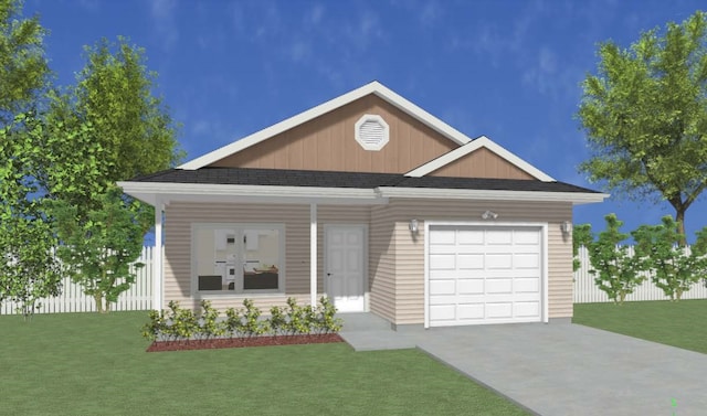 view of front of home featuring a shingled roof, concrete driveway, an attached garage, fence, and a front lawn