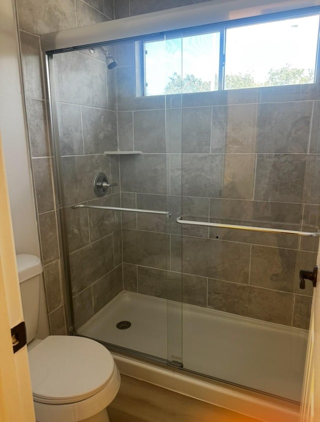 full bathroom featuring toilet and a shower stall