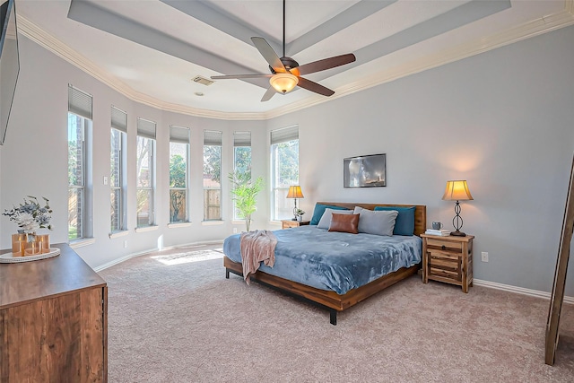 bedroom featuring ornamental molding, light carpet, and baseboards