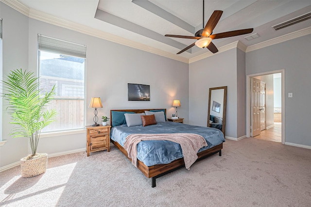 carpeted bedroom with baseboards, visible vents, and ornamental molding