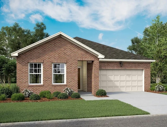 single story home with concrete driveway, brick siding, a front lawn, and an attached garage