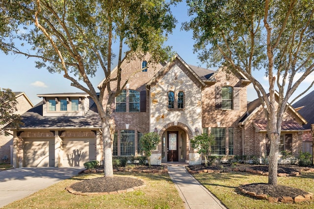 view of front of house featuring concrete driveway, brick siding, a front lawn, and stone siding