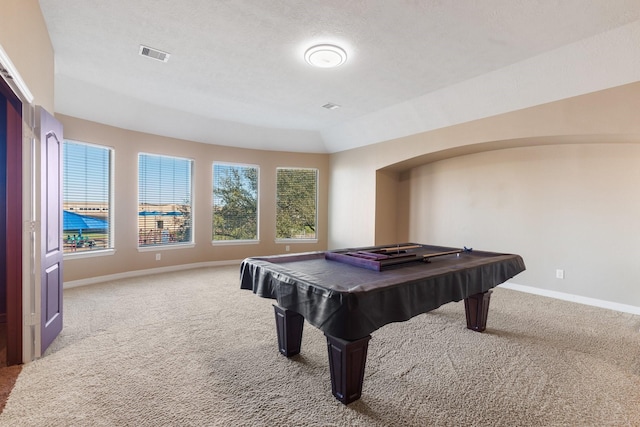 rec room featuring carpet, billiards, visible vents, and baseboards