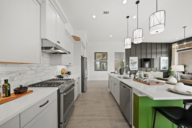 kitchen featuring under cabinet range hood, a sink, white cabinetry, appliances with stainless steel finishes, and backsplash