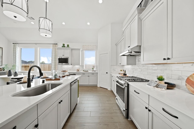 kitchen featuring stainless steel appliances, tasteful backsplash, light countertops, a sink, and under cabinet range hood