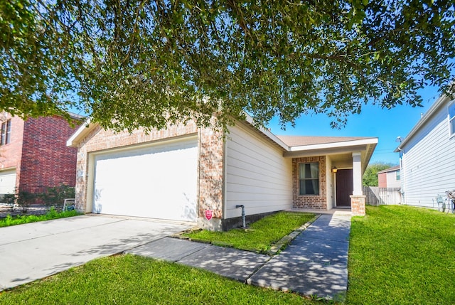 view of front of house with brick siding, concrete driveway, fence, a garage, and a front lawn