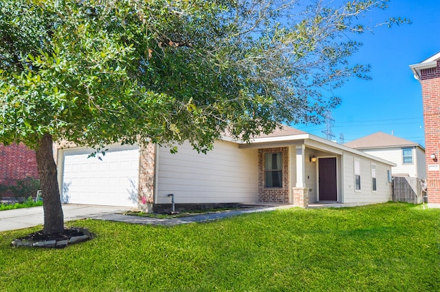 ranch-style home with an attached garage, brick siding, driveway, and a front lawn