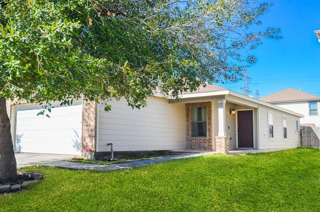 ranch-style house featuring concrete driveway, brick siding, a front lawn, and an attached garage