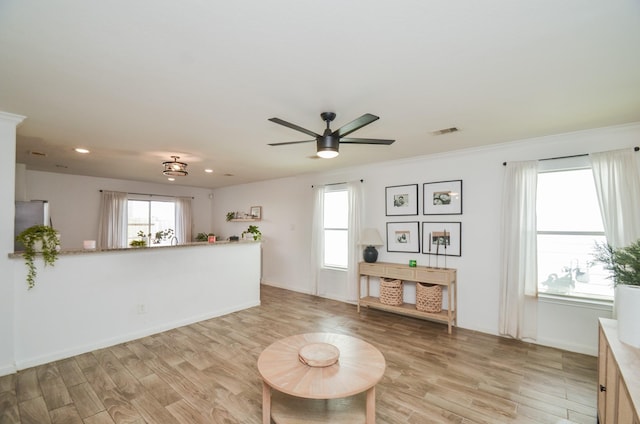 unfurnished room with visible vents, baseboards, ceiling fan, light wood-type flooring, and recessed lighting