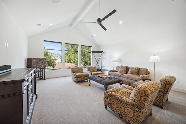 living area with carpet, ceiling fan, high vaulted ceiling, beamed ceiling, and baseboards