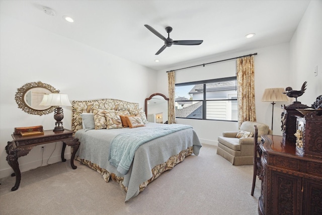 bedroom featuring carpet floors, recessed lighting, ceiling fan, and baseboards