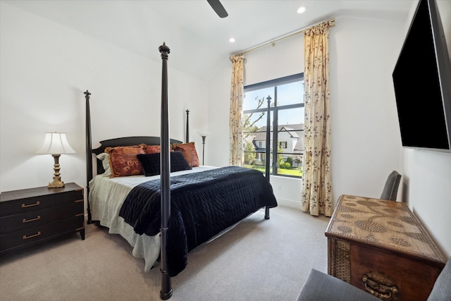 bedroom with light carpet, lofted ceiling, a ceiling fan, and recessed lighting