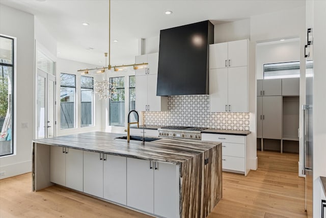 kitchen with decorative backsplash, a kitchen island with sink, a sink, ventilation hood, and light wood-type flooring