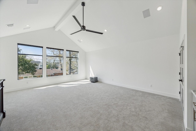 carpeted spare room featuring beam ceiling, visible vents, ceiling fan, and baseboards