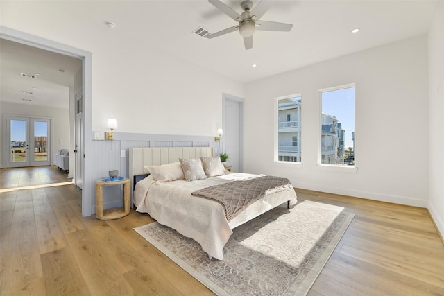 bedroom with french doors, recessed lighting, visible vents, a ceiling fan, and hardwood / wood-style flooring