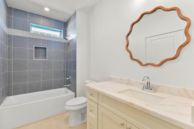 bathroom with recessed lighting, toilet, vanity,  shower combination, and tile patterned flooring