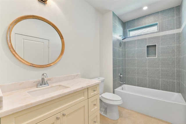 full bath with shower / bathtub combination, recessed lighting, toilet, vanity, and tile patterned floors