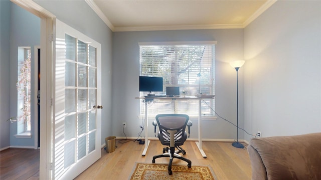 office featuring wood finished floors, baseboards, and ornamental molding