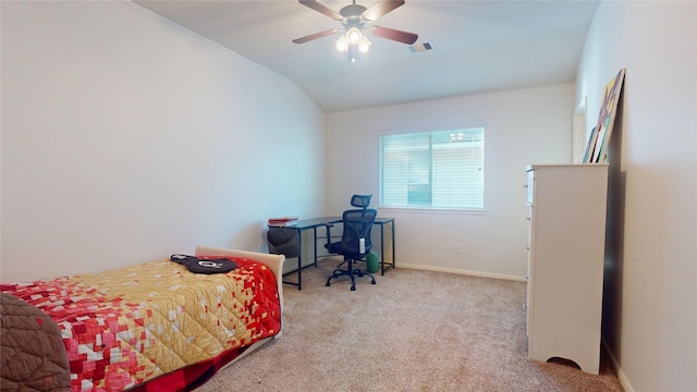 carpeted bedroom featuring vaulted ceiling, baseboards, visible vents, and ceiling fan