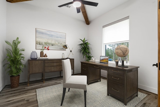 office featuring beam ceiling, baseboards, ceiling fan, and light wood finished floors