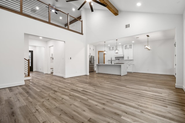 245 E Blue Heron Dr, Montgomery, TX 77316 - unfurnished living room featuring high vaulted ceiling, light wood-style floors, stairway, ceiling fan, and recessed lighting
