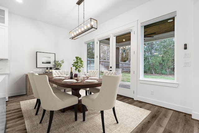 dining room featuring a wealth of natural light, a notable chandelier, baseboards, and wood finished floors