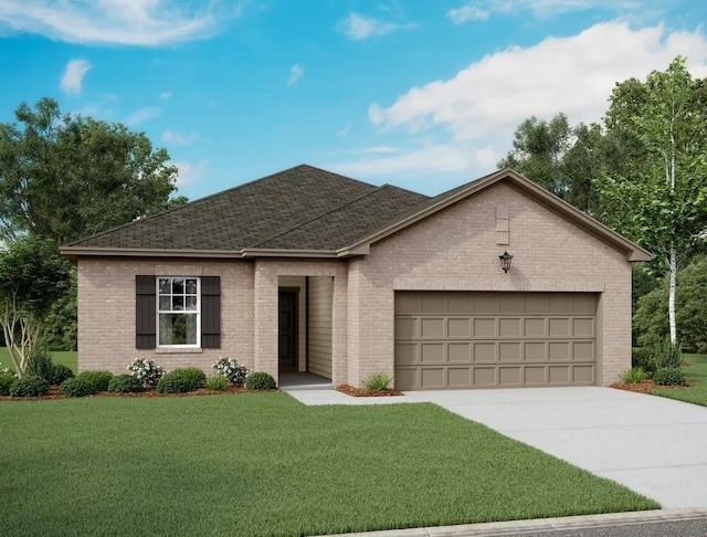 ranch-style home featuring a garage, driveway, a front yard, and brick siding