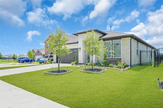 view of front of house with a garage, a front lawn, concrete driveway, and brick siding