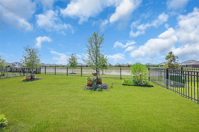 view of yard featuring a fenced backyard and a residential view