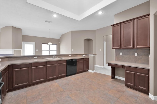 kitchen featuring baseboards, visible vents, a sink, black dishwasher, and tasteful backsplash