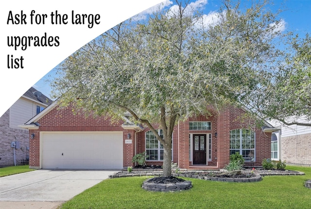 view of front of home with a front yard, an attached garage, brick siding, and driveway