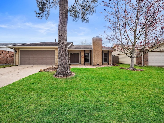 single story home featuring driveway, a chimney, an attached garage, a front lawn, and brick siding