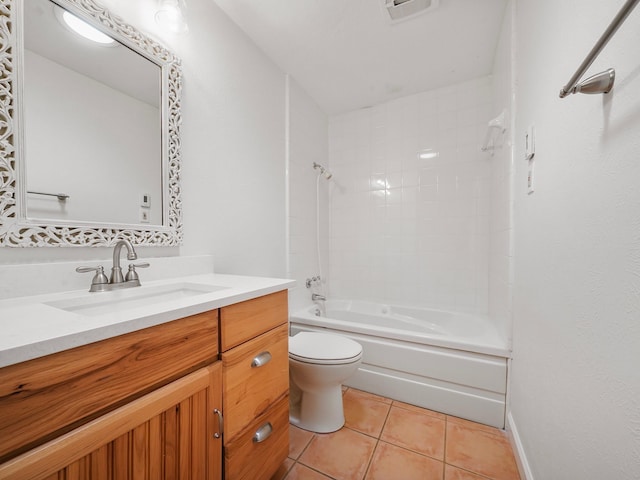 bathroom with visible vents, toilet, tile patterned flooring, vanity, and shower / bathing tub combination