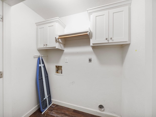 laundry room with washer hookup, dark wood-style flooring, cabinet space, electric dryer hookup, and baseboards