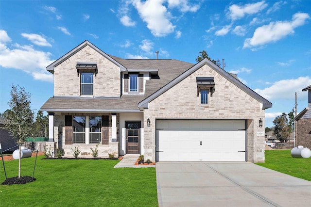 view of front of house featuring a garage, brick siding, concrete driveway, and a front yard