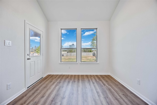 interior space featuring lofted ceiling, wood finished floors, and baseboards