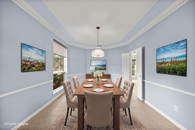 dining space with baseboards, a chandelier, and light tile patterned flooring