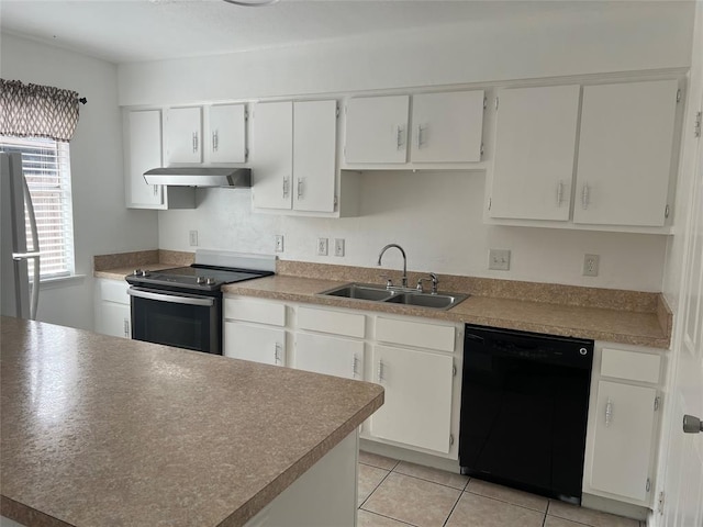 kitchen featuring stainless steel fridge, black dishwasher, electric range, range hood, and a sink