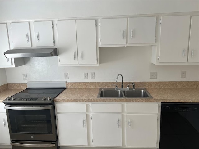 kitchen with black dishwasher, light countertops, a sink, stainless steel range with electric stovetop, and extractor fan