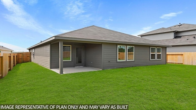 back of property featuring a yard, a patio area, and a fenced backyard